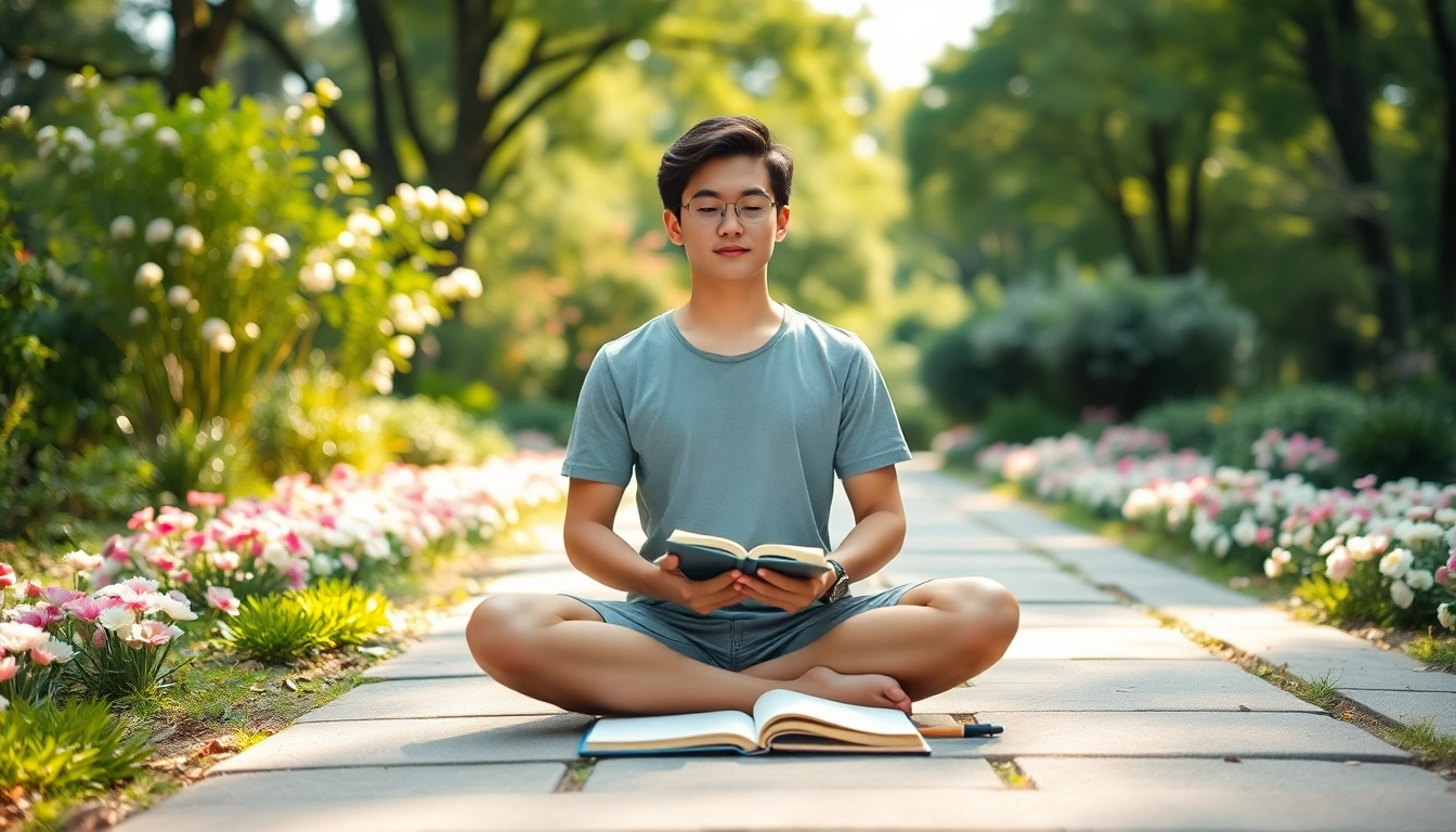 Engaging visual for dealing with anxiety through mindfulness in a tranquil garden setting.