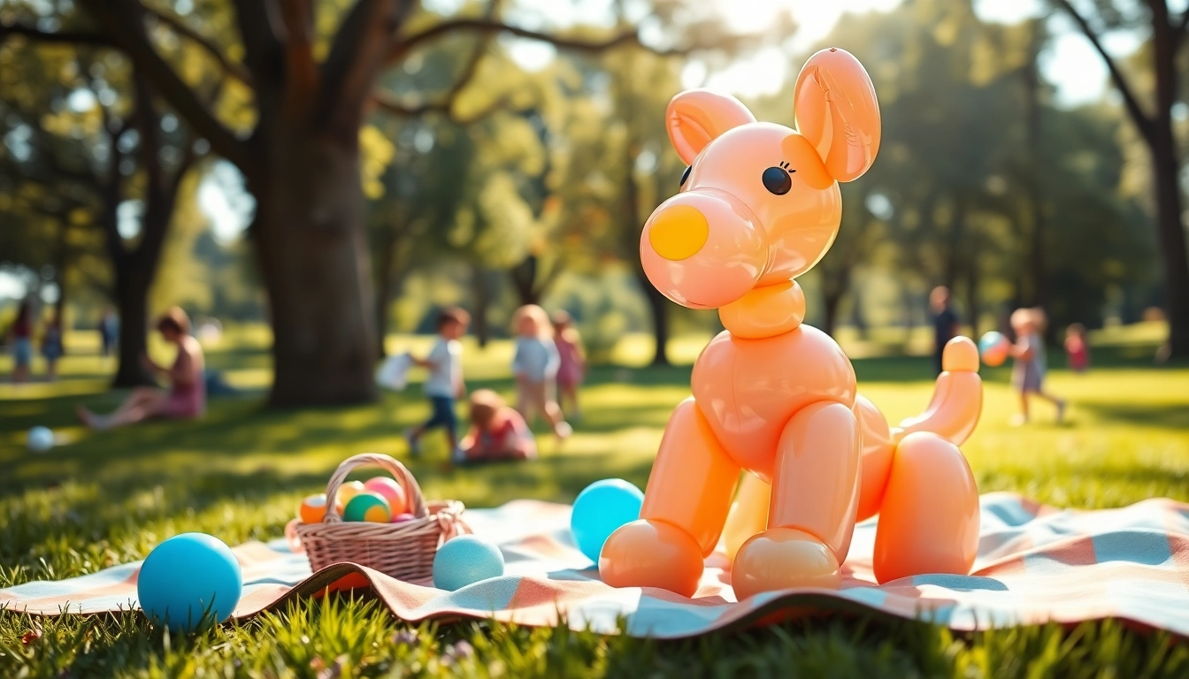 Creating colorful balloon animals in a sunny park with kids playing nearby.