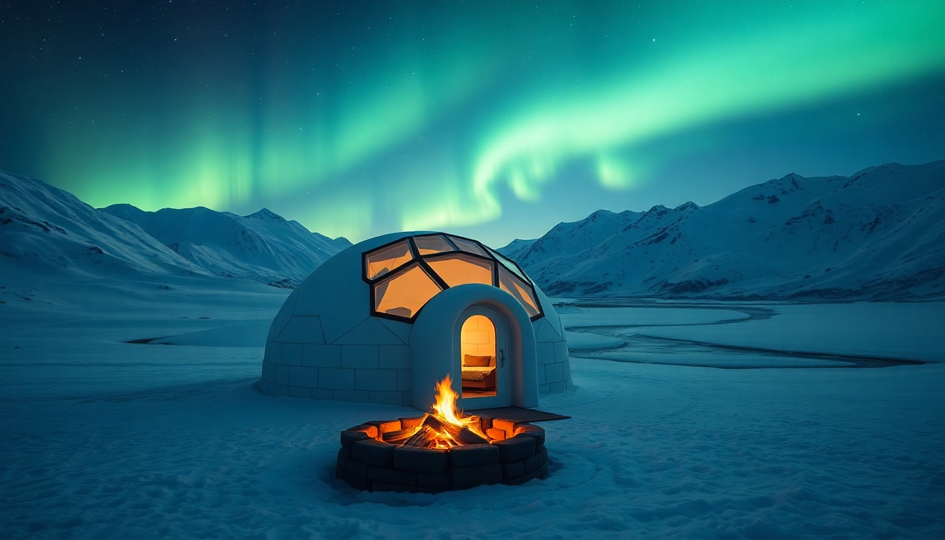 Guests enjoying a stunning view from an igloo hotel under the Northern Lights.