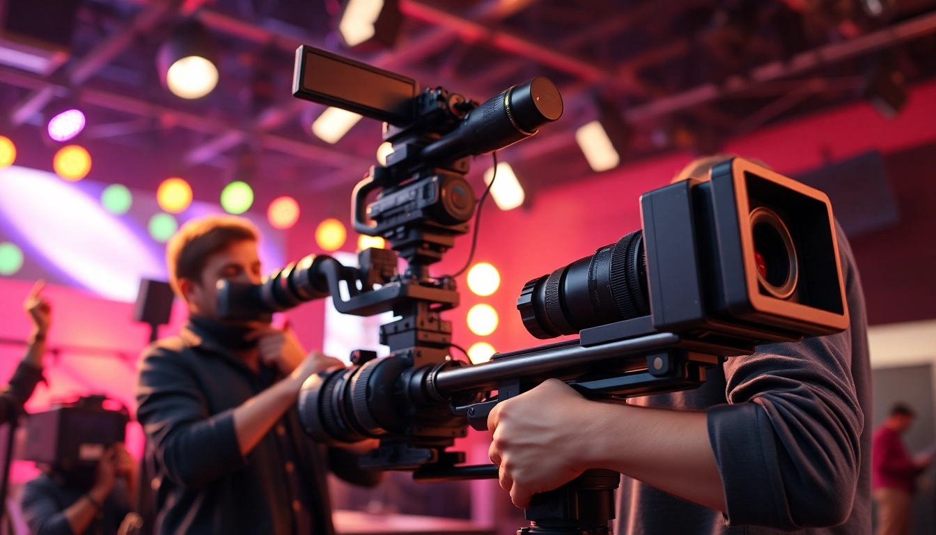 Videographer using a professional Camera Stabilizer for dynamic film shots on set.