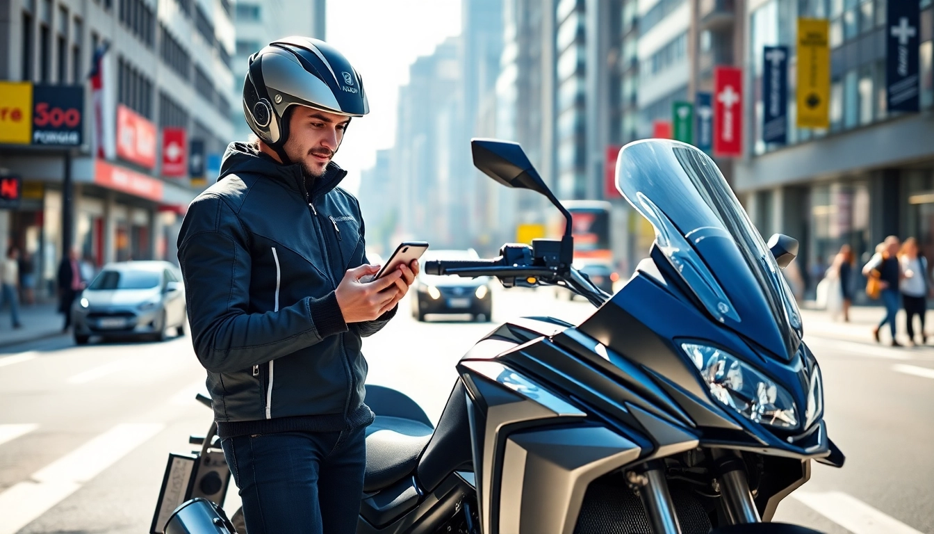 Engaging moment of professional rider utilizing adv 350 roadsync app beside Honda ADV350 motorcycle.