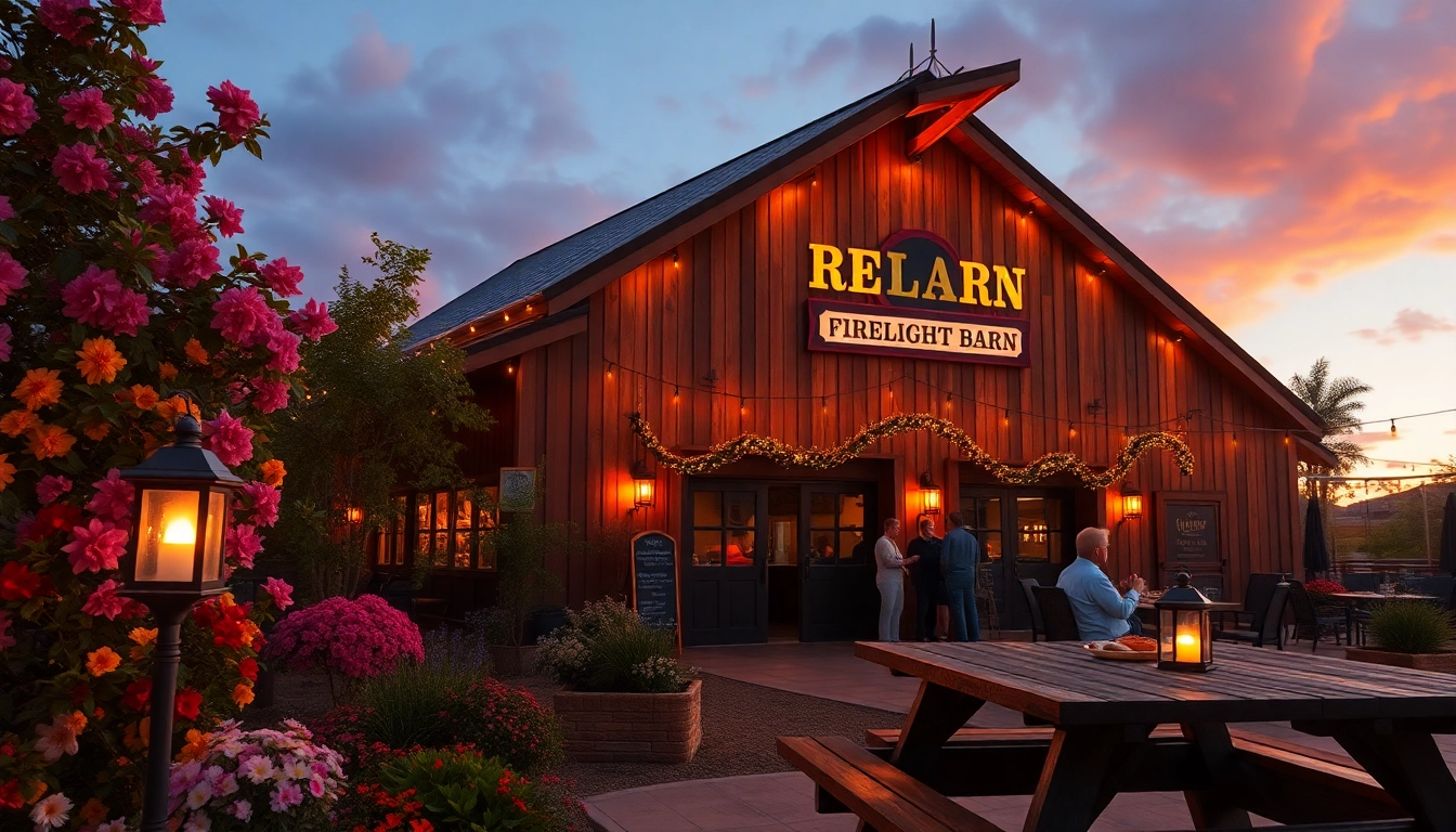 Guests enjoying a BBQ dinner at firelight barn, highlighting the warm atmosphere and entertainment.