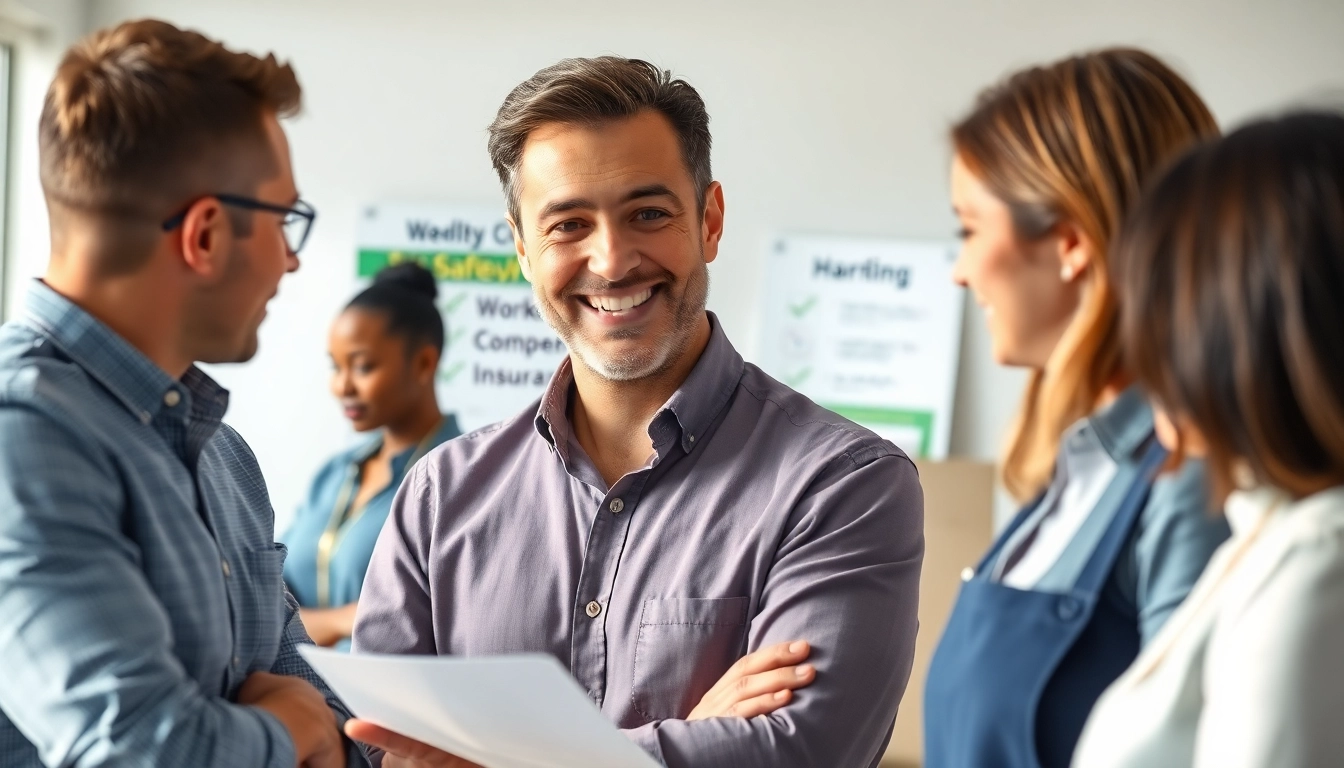 Promoting Workers compensation insurance in a vibrant workplace with engaged employees discussing safety.
