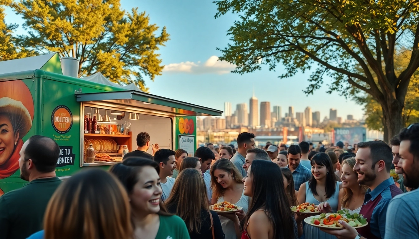 Experience the vibrancy of food truck catering Hamilton Ontario with a colorful truck and happy customers.