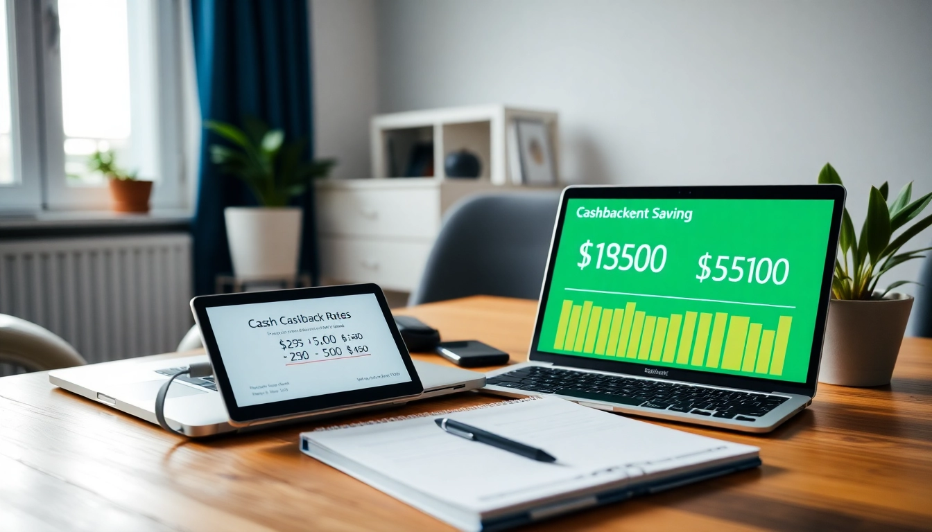 Compare cashback rates with a professional setup showcasing devices and workspace in bright lighting.