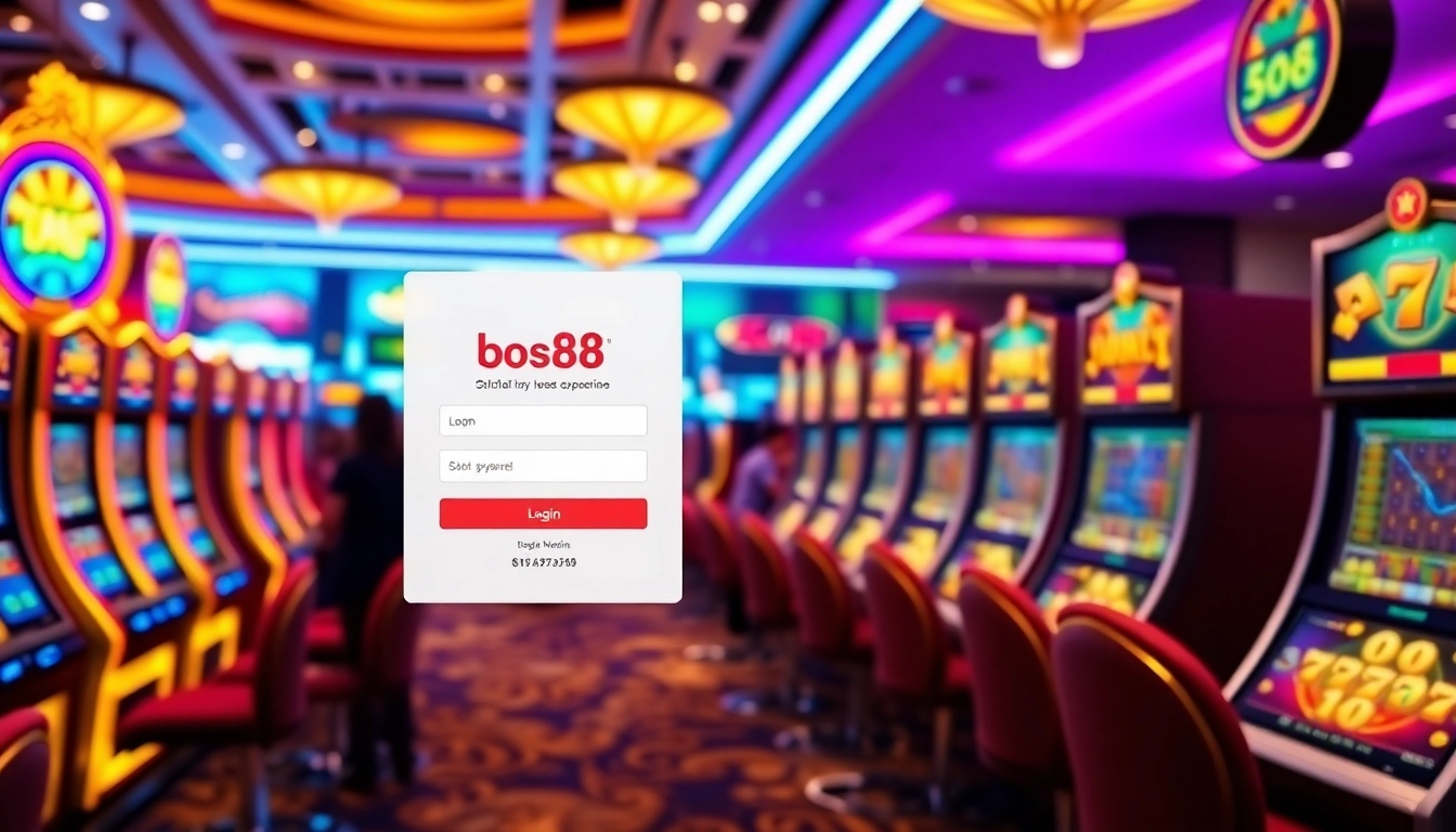 Login screen for bos88 login Slot with vibrant casino atmosphere, inviting users to engage.