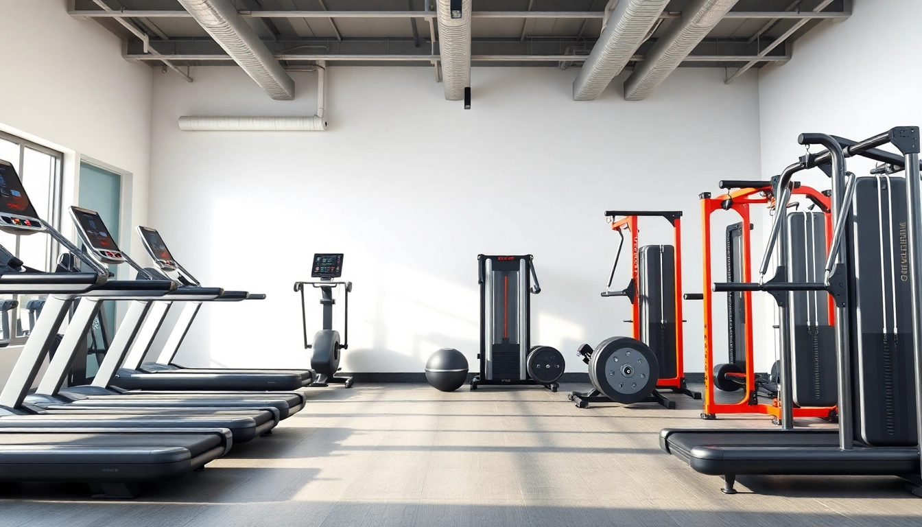 Matériel fitness professionnel bien agencé dans un gymnase moderne et lumineux.