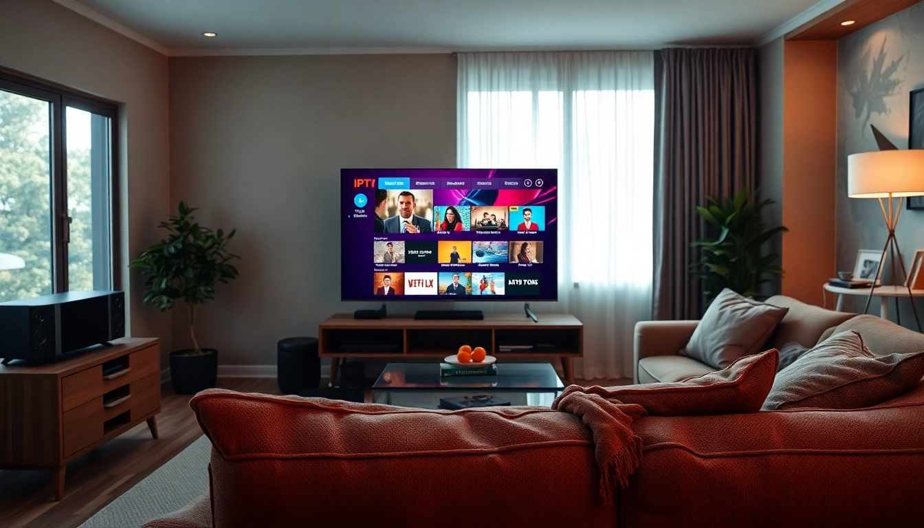 Comprar IPTV en una configuración de entretenimiento moderna con una TV de alta definición.