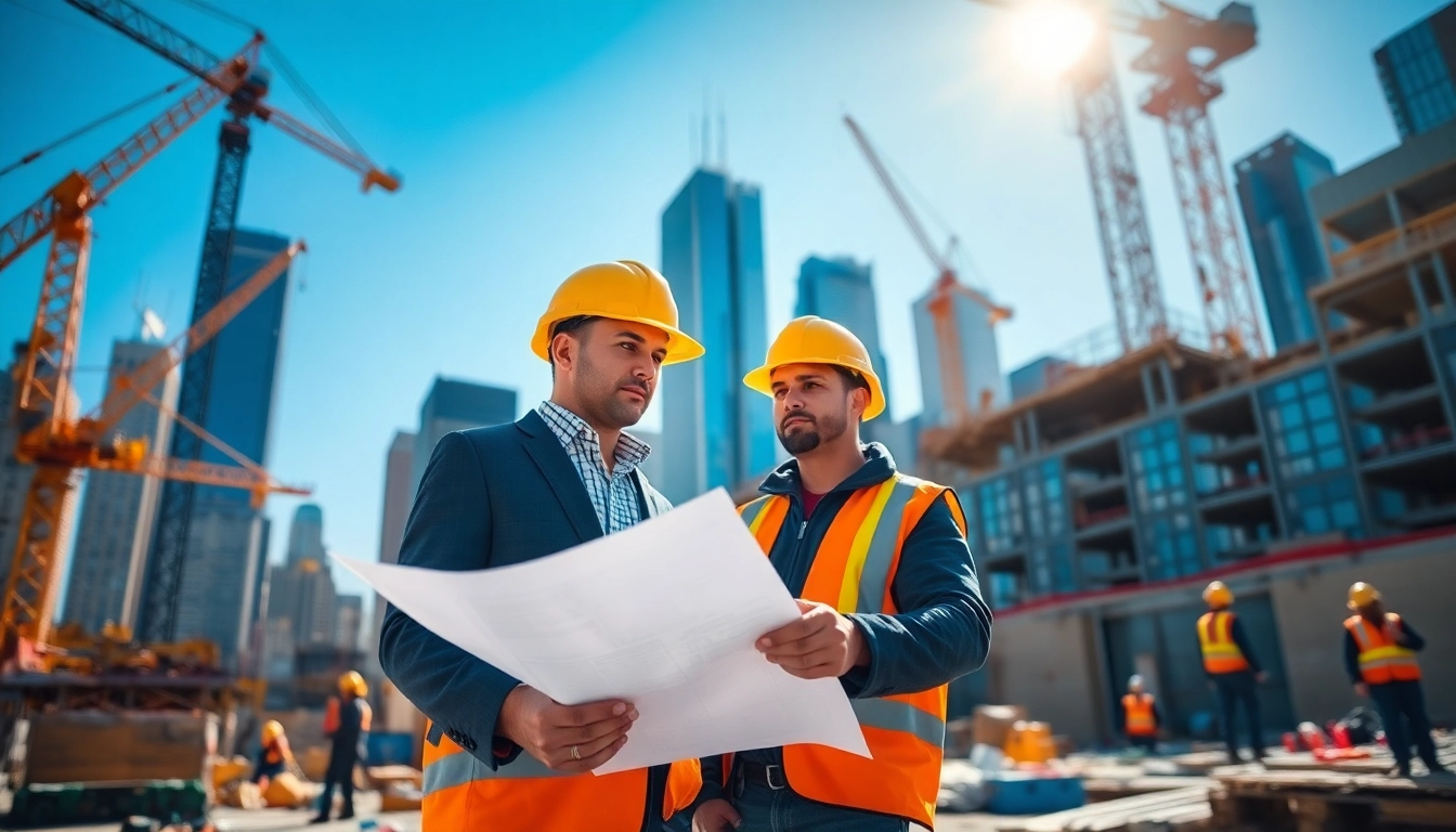 New York City Construction Manager assessing a construction site with a blueprint and construction equipment around