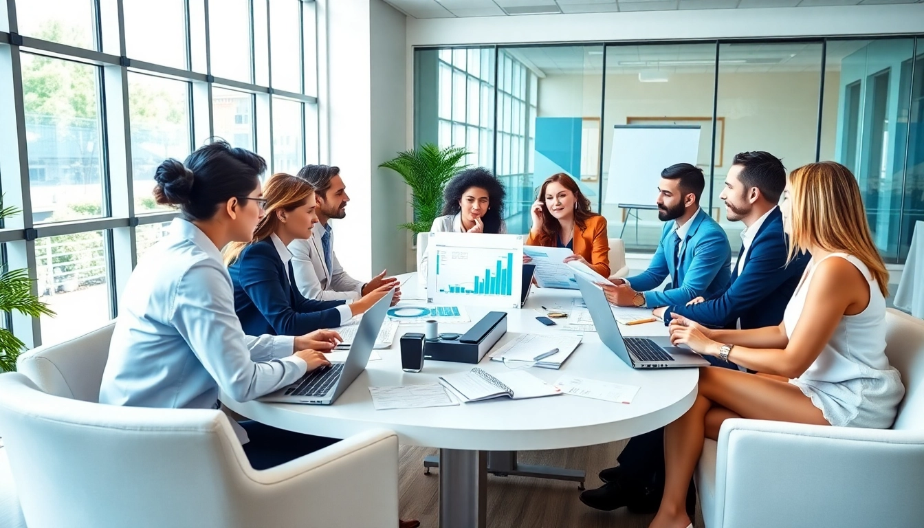 Engaged professionals analyzing data on competitive intelligence in a modern office setting.