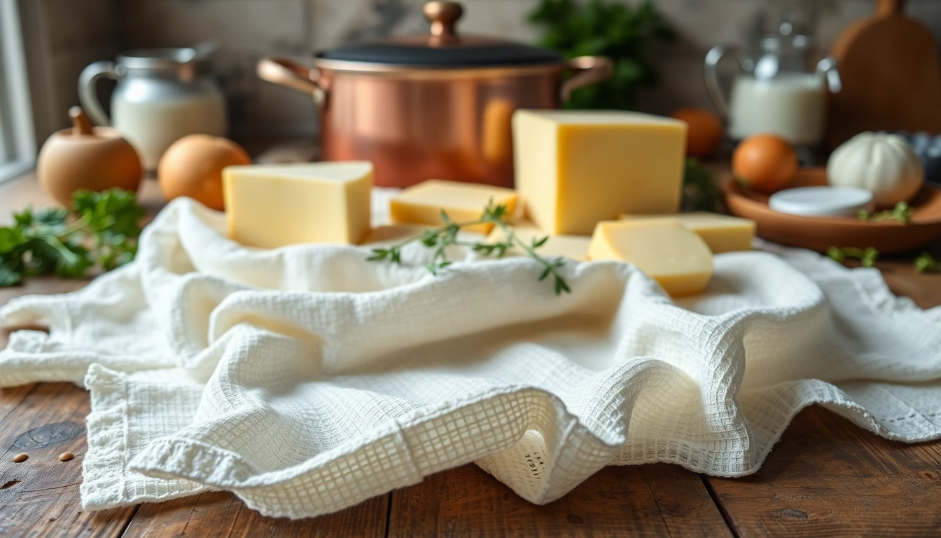 Kaasdoek met textuur en verse ingrediënten op een rustieke tafel