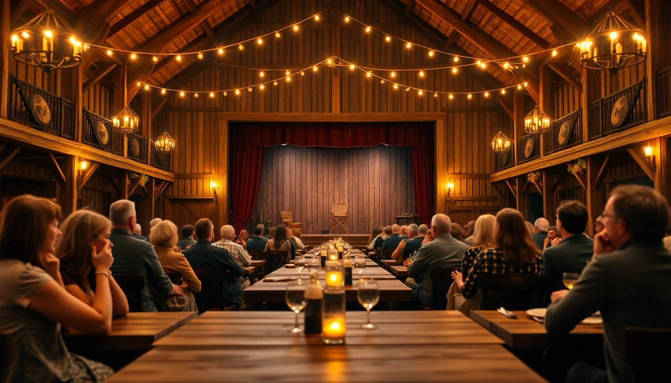 Experience the charm of barn dinner theater 2024 schedule with attentive guests savoring their meals in a rustic barn setting.