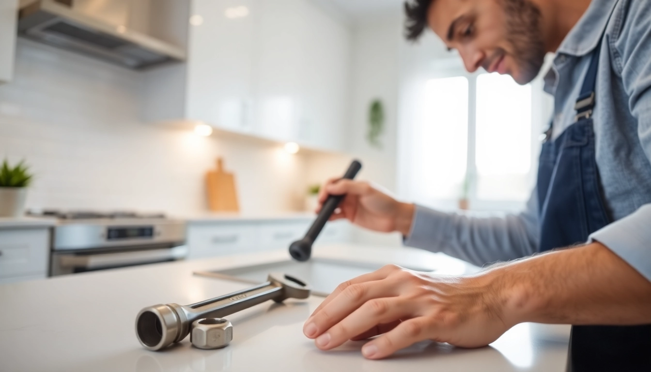 Plumber near me fixing a kitchen sink with professionalism and skilled tools in view.