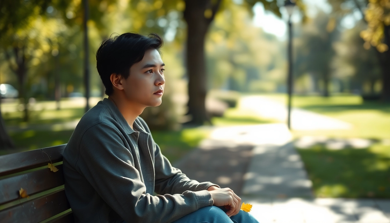 Contemplative individual experiencing a relationship breakup while sitting in a tranquil park.