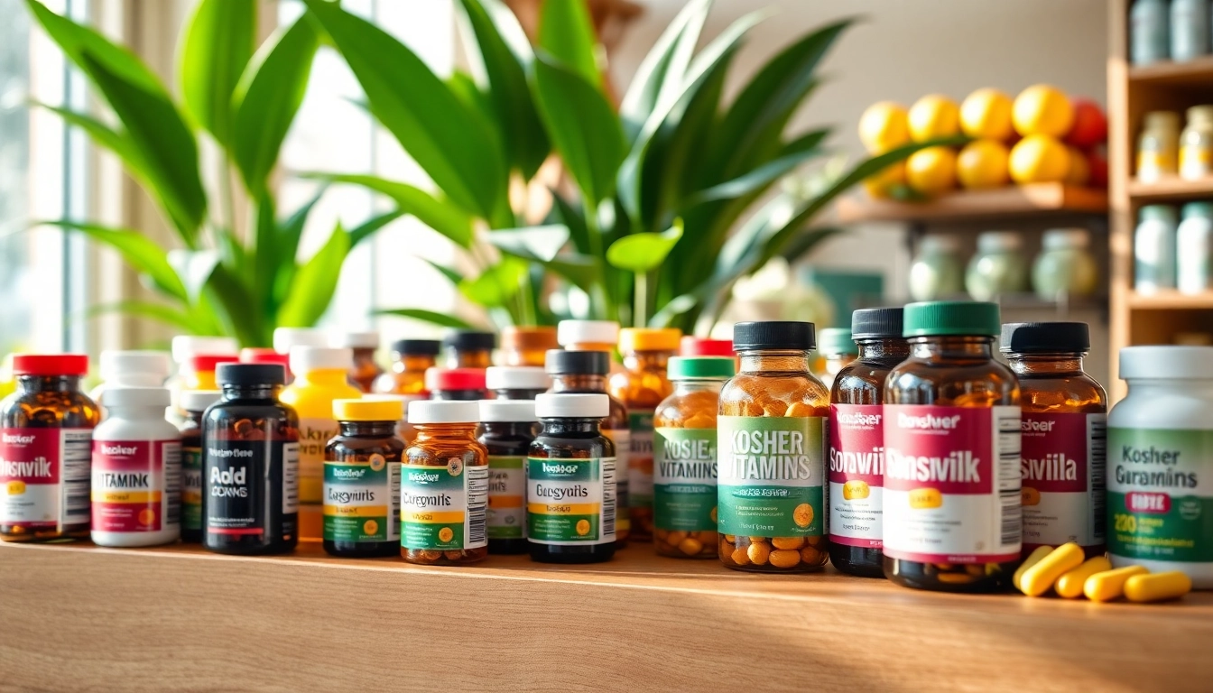 Showcasing a large variety of kosher vitamins on a vibrant display, promoting healthy living.