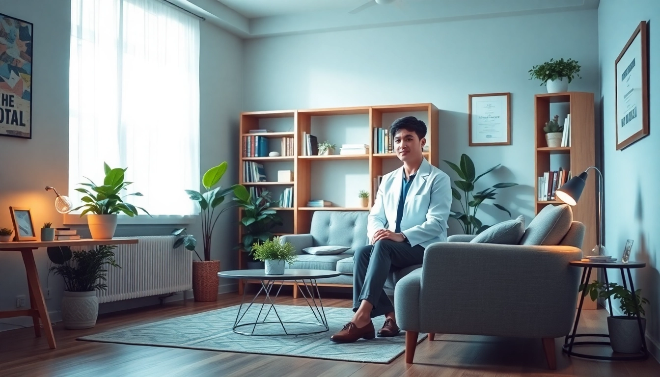 Psychologist consulting in a warm therapy office with calming colors and soft lighting.