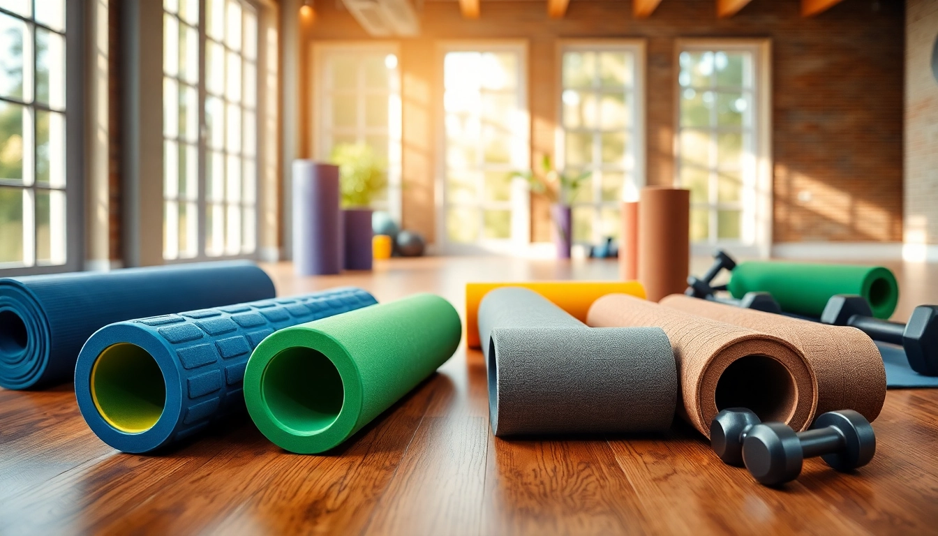Shop durable foam rollers displayed in a bright fitness setting with yoga mats and sunlight.