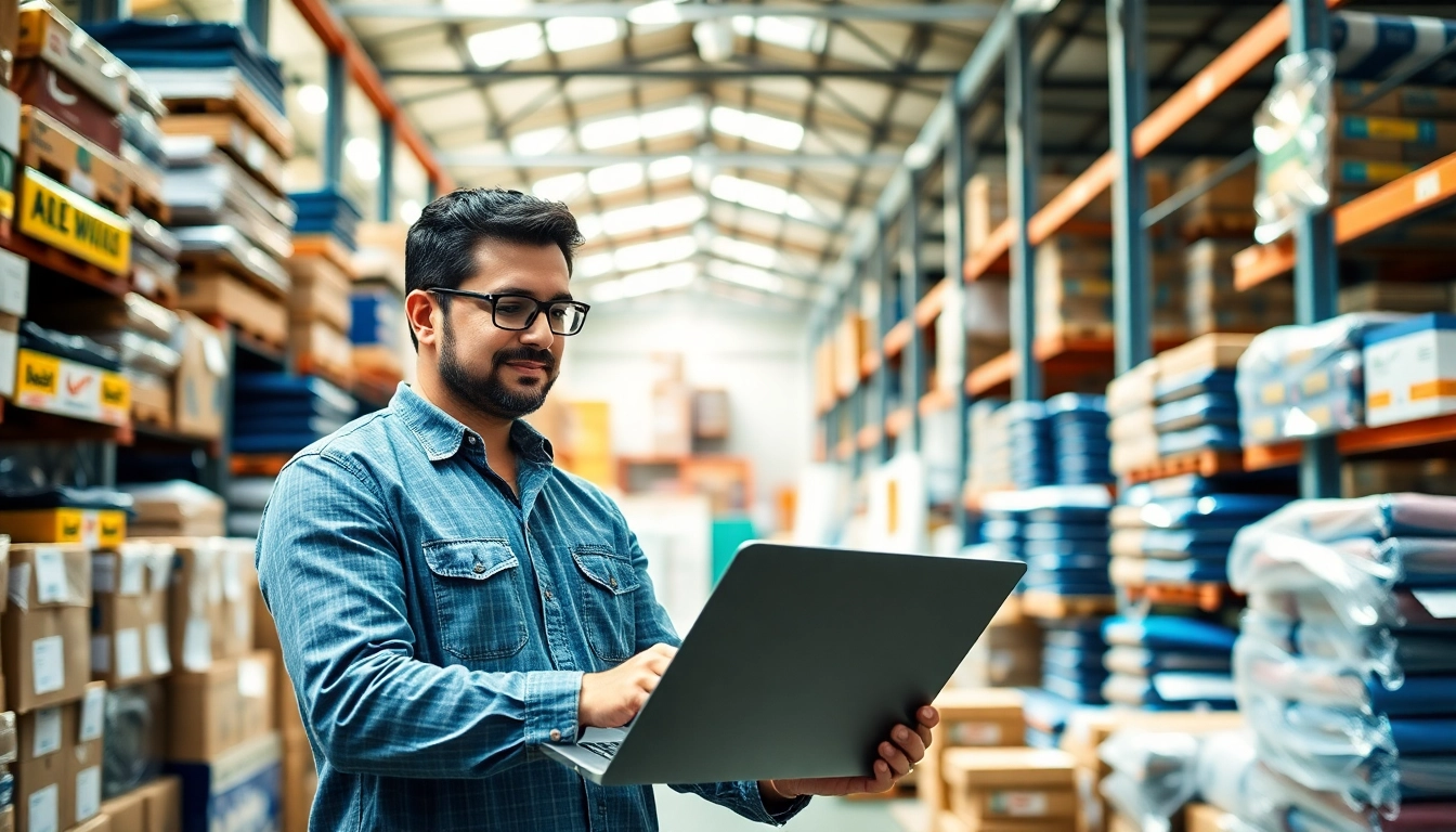 Engaging wholesaler demonstrating amazon wholesale in a vibrant, professional warehouse setting.