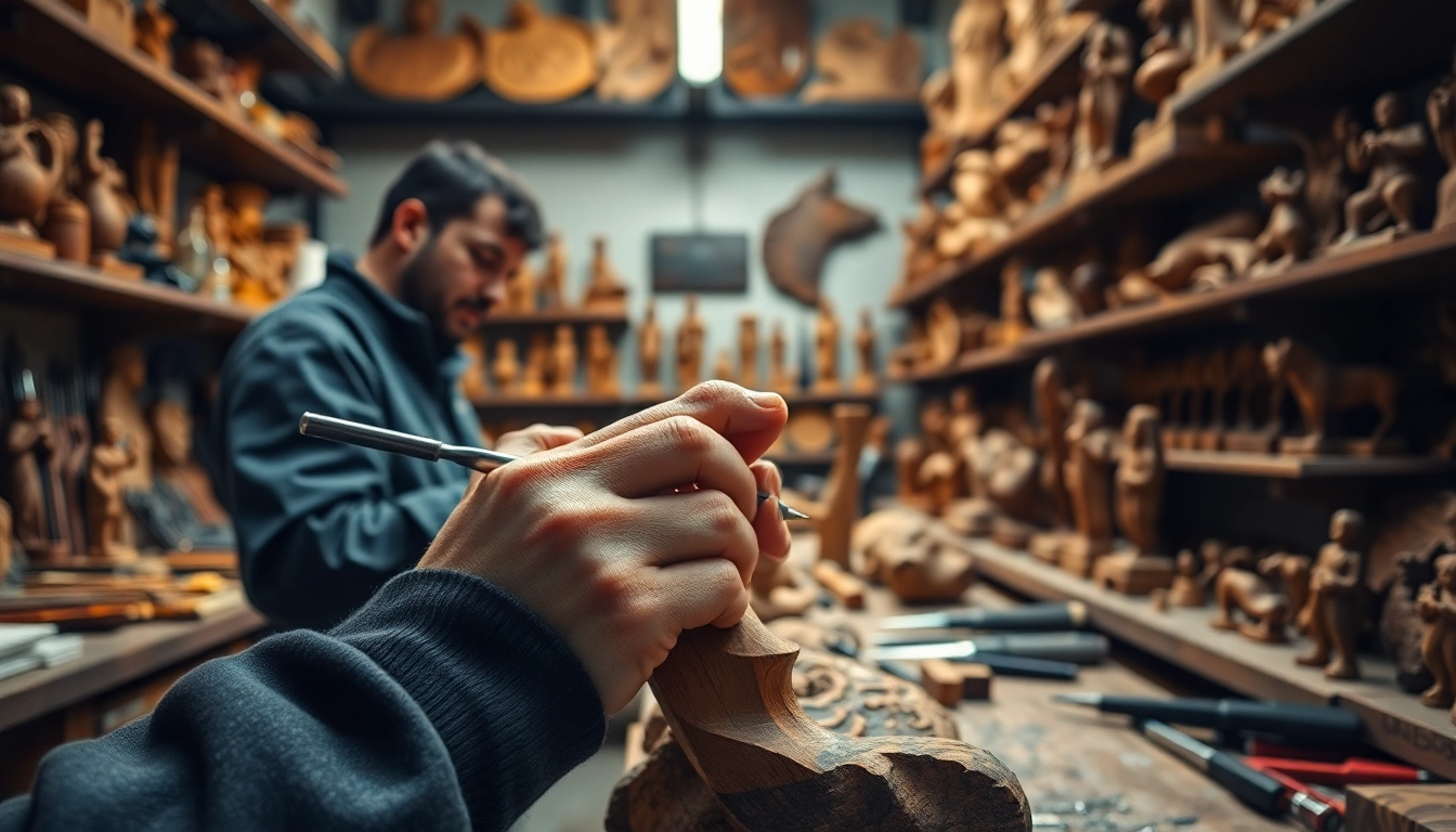 Artisan crafting Olive wood carvings in a detailed, warm-lit workshop.