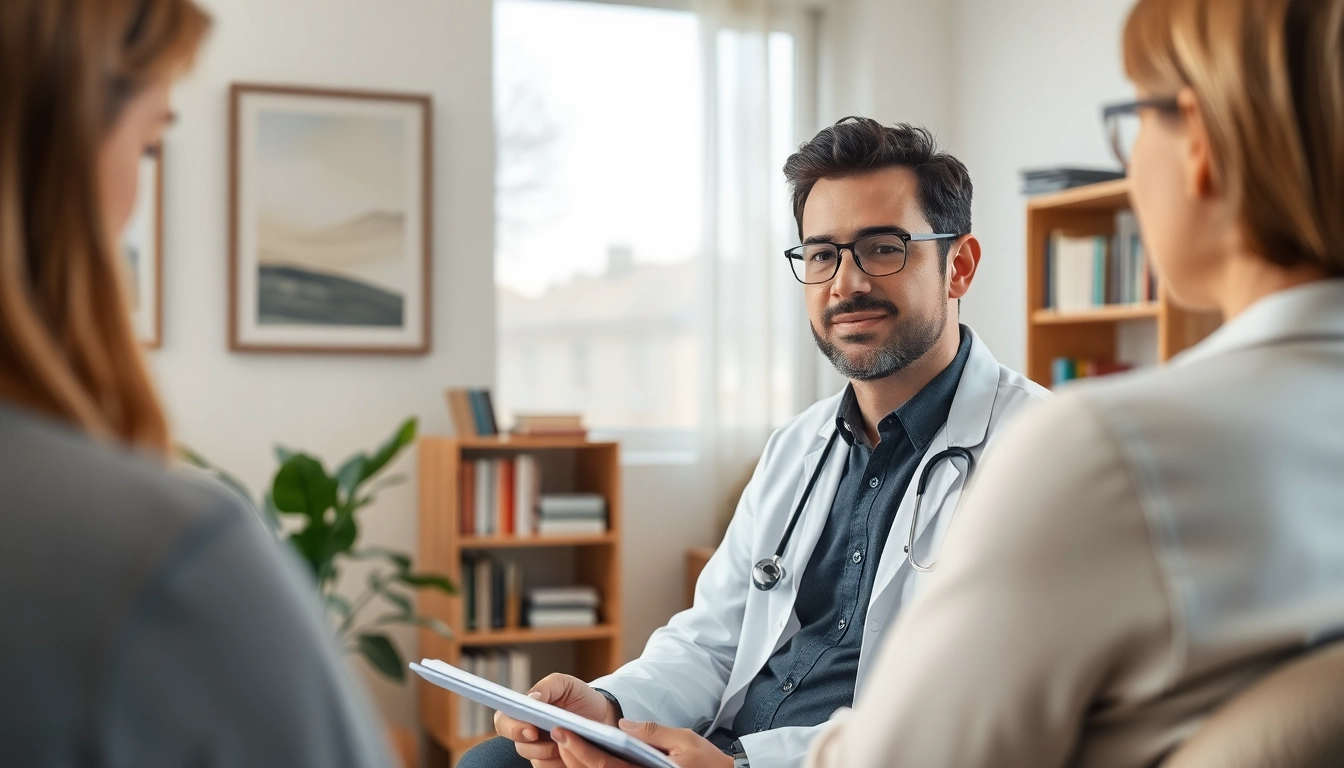 Psychiatrist engaging in a consultation with a patient in a calming office setting.