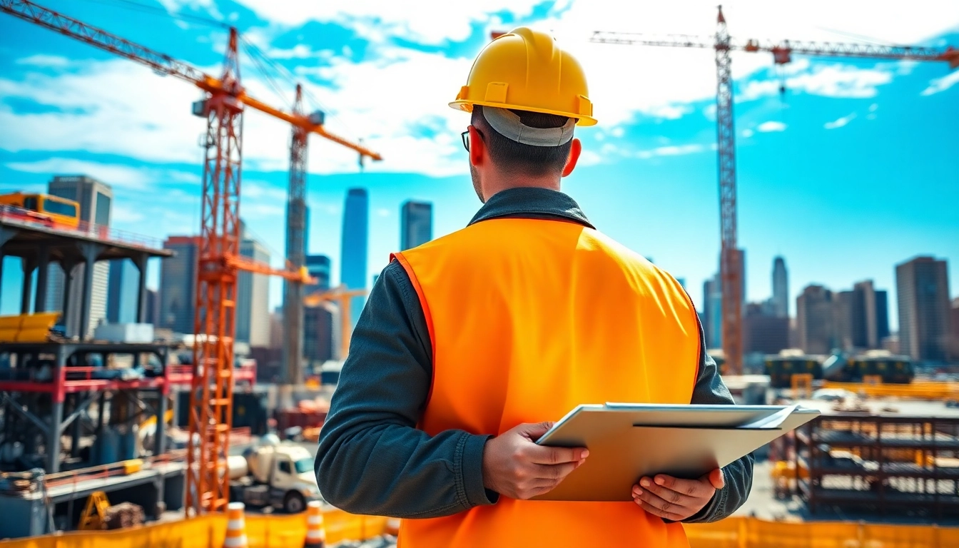 New York Construction Manager supervising a busy construction site with cranes and city skyline.