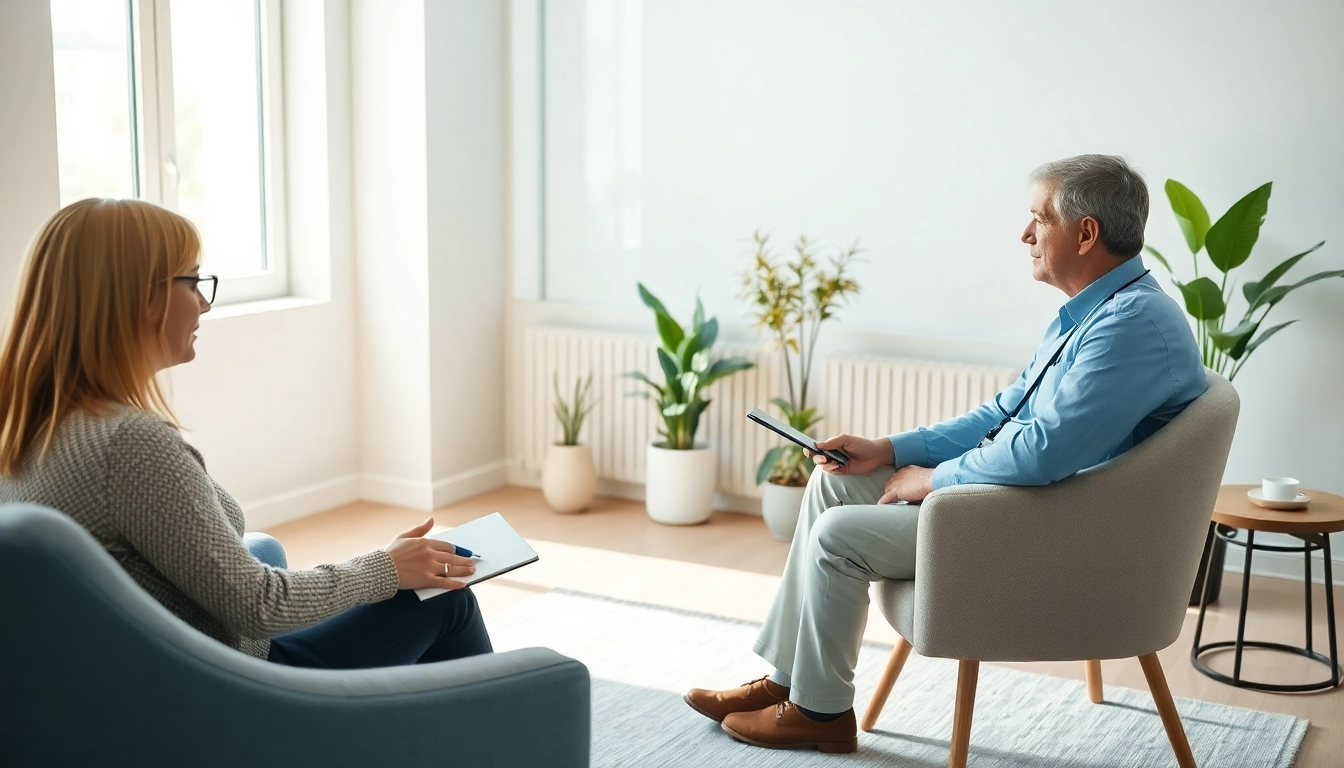 Psychiatrist consulting with a patient in a tranquil office setting, showcasing professionalism and empathy.