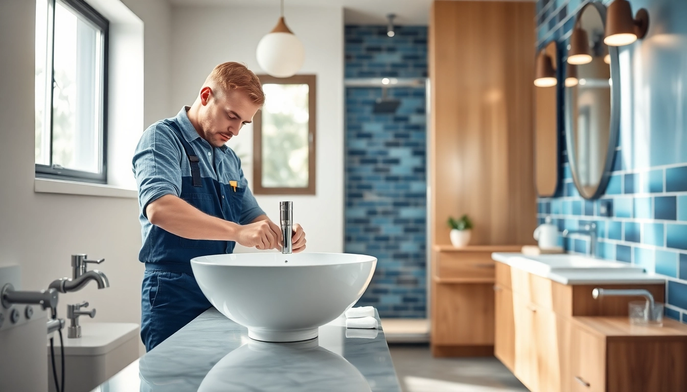 Professional bathroom install bristol showing a plumber working on a modern sink.