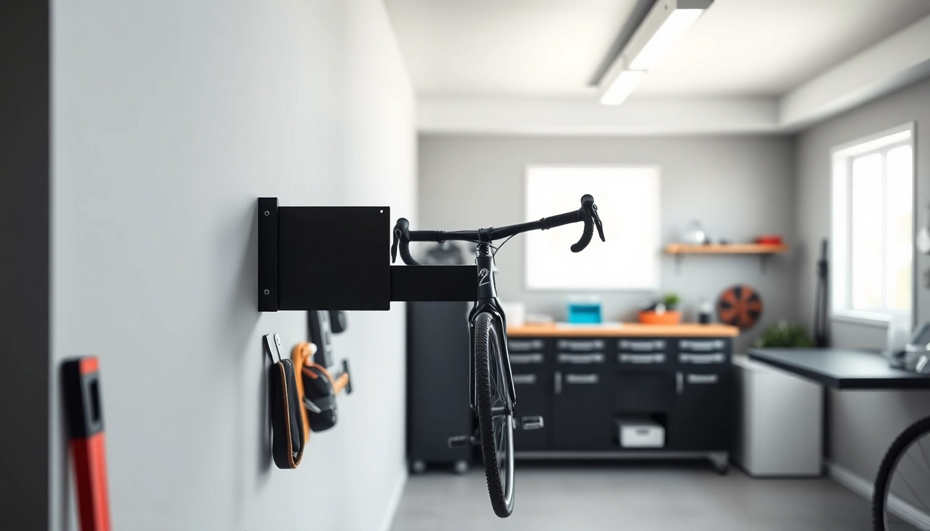 Effortlessly showcasing a bike wall mount in a chic garage setting.