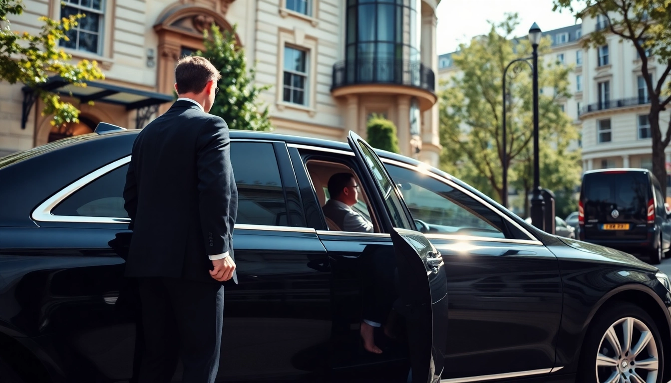Engaged london chauffeur assisting at a luxury hotel, representing premium transport service in London.
