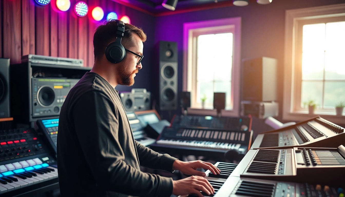 Creating electronic music with drum and bass presets in a professional studio setting.