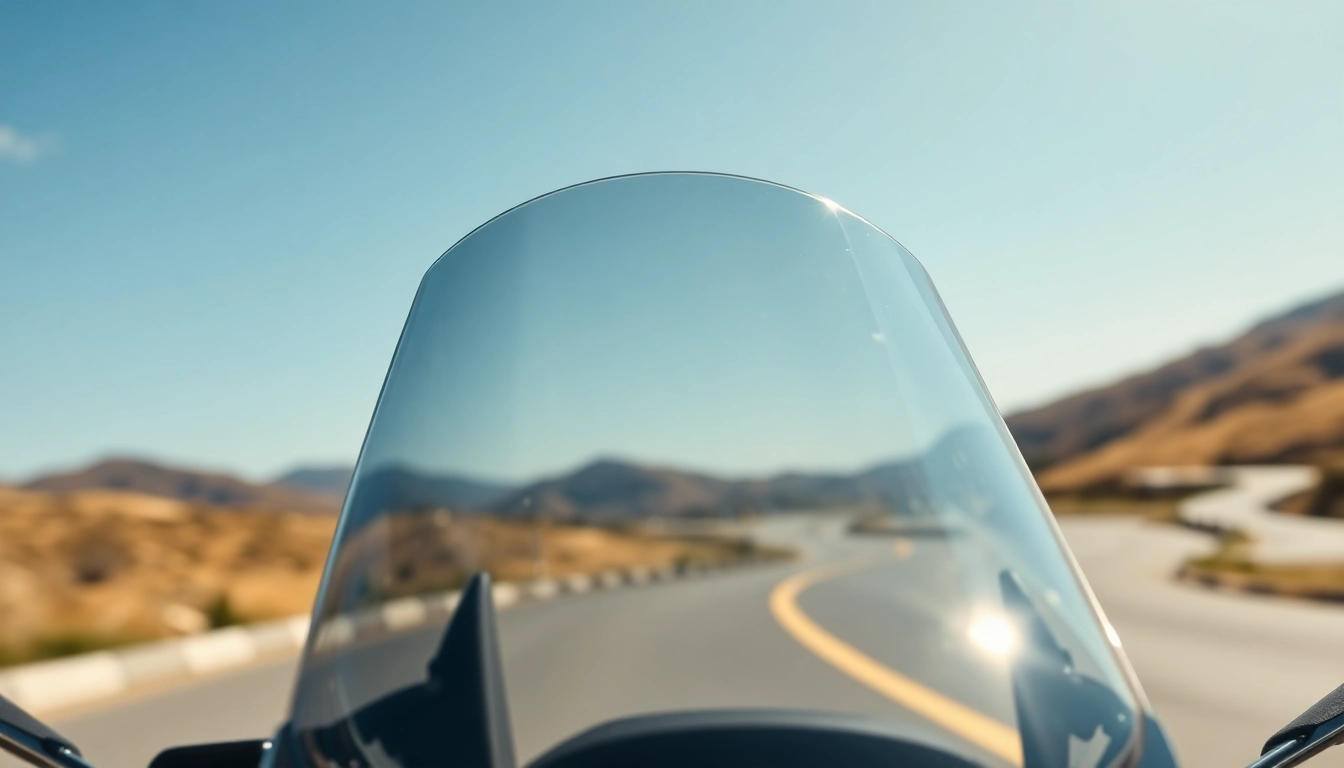 Highlighting motorcycle windscreens showcasing clarity and design against a scenic backdrop.