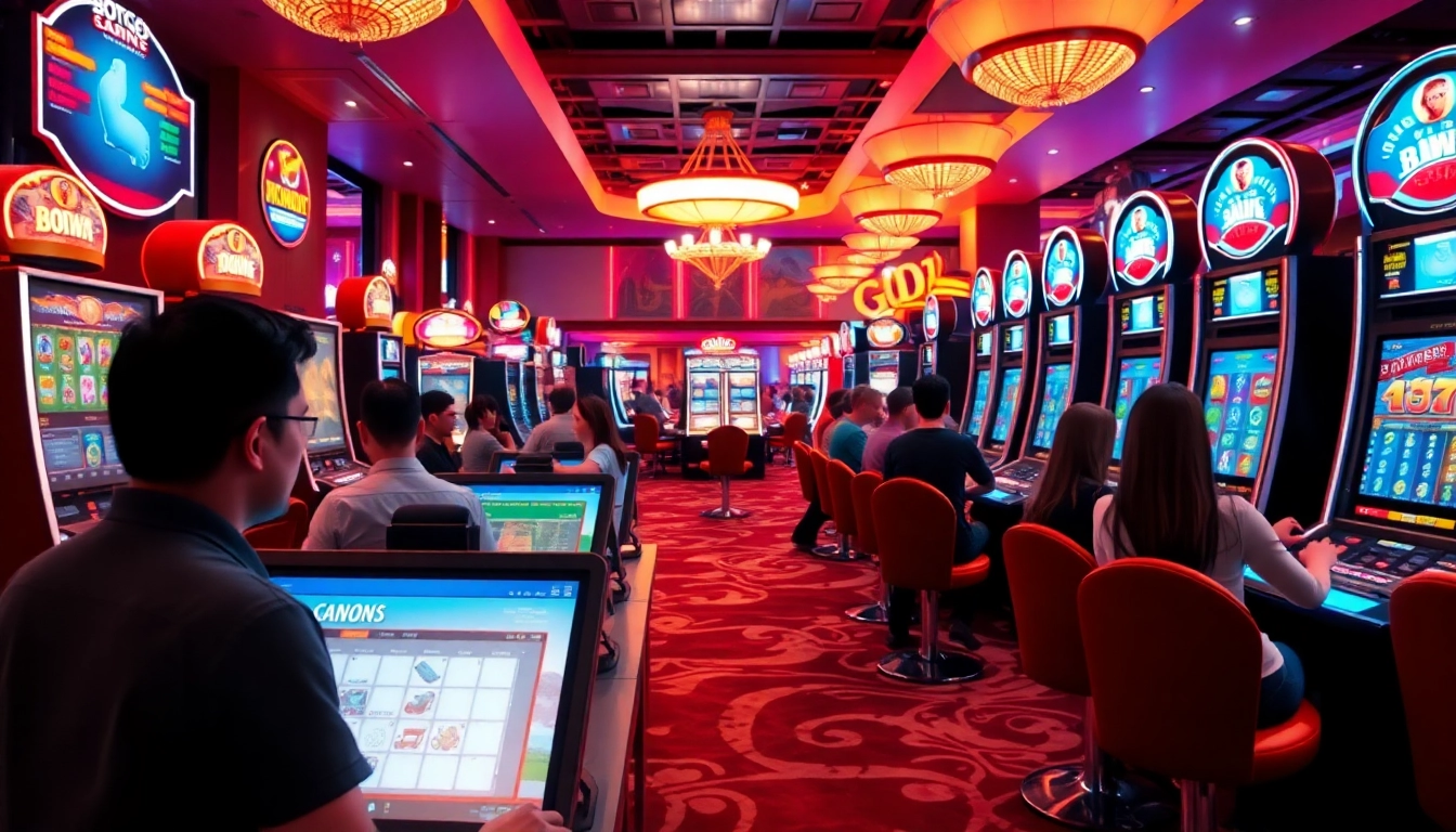 Jouer dans un demo casino avec des machines à sous et une ambiance animée et colorée.