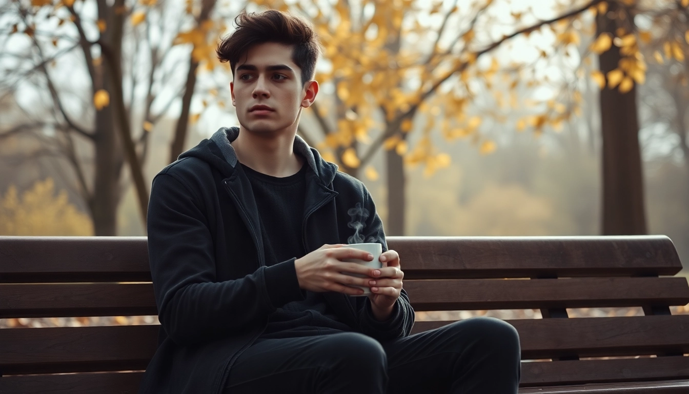 Reflecting on a relationship breakup while sitting on a park bench surrounded by autumn leaves.