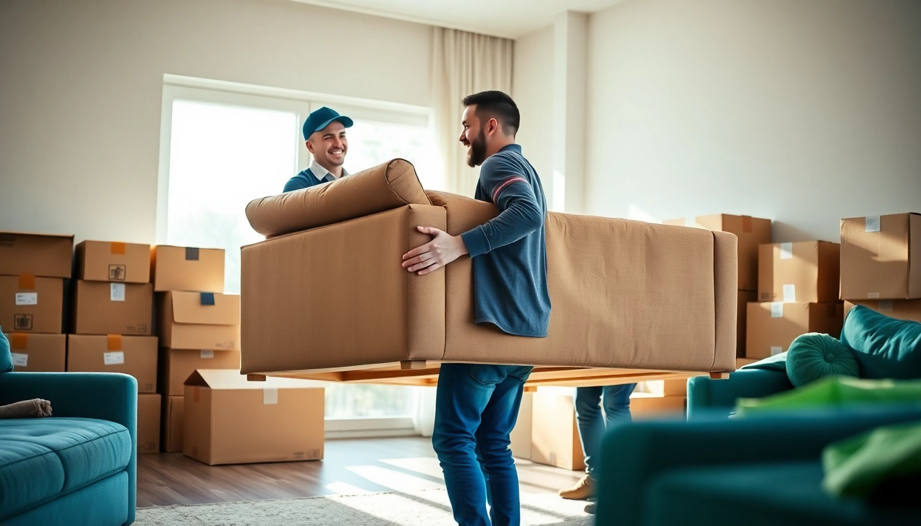 Movers calgary lifting a couch in a bright, well-organized living space showcasing teamwork and professionalism.