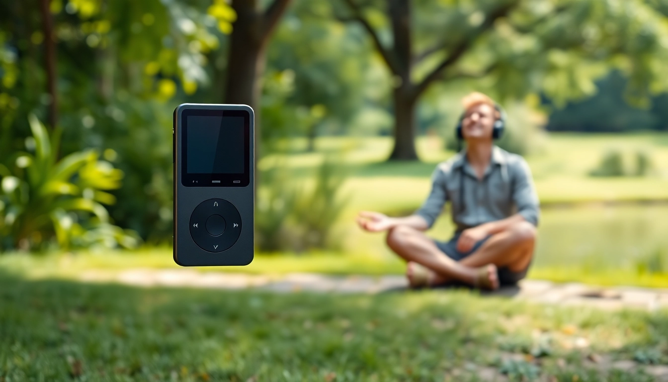 Experience the ultimate convenience with https://hardwareplayer.com featuring a sleek MP3 player in a tranquil park.