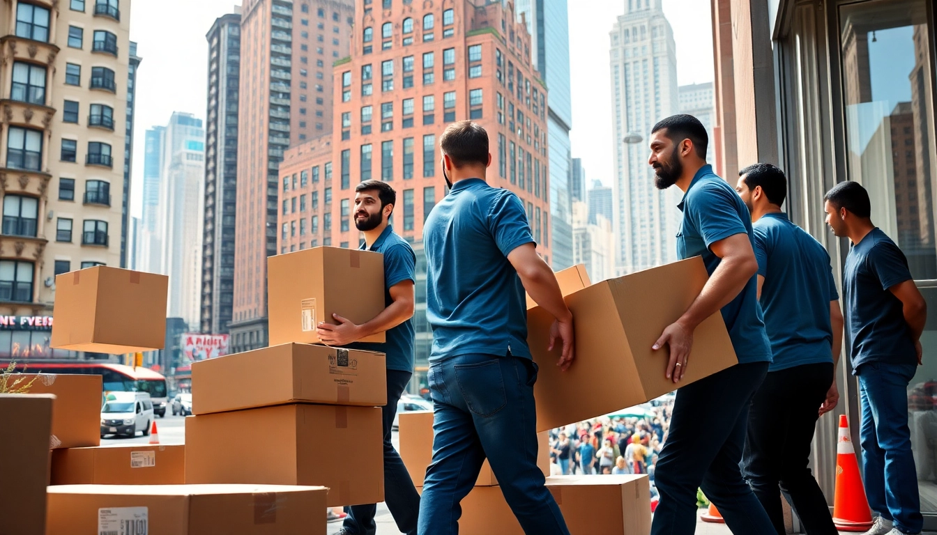 Efficient NYC movers transporting boxes into an apartment amidst the New York City skyline.