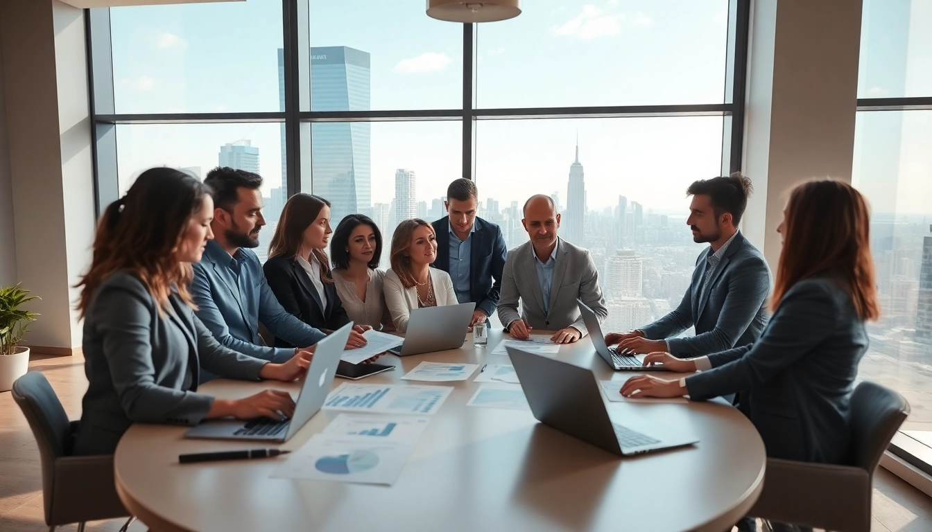 Real estate investment group collaborating in a modern office with a city skyline view.