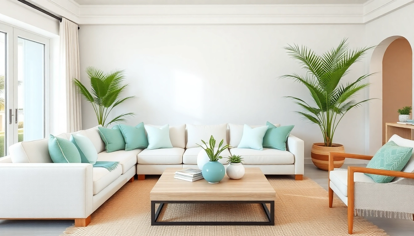 Florida home styling in a chic living room with coastal accents and natural lighting.