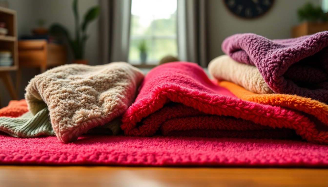 Fleece stoffen met verschillende texturen en patronen op een houten tafel.