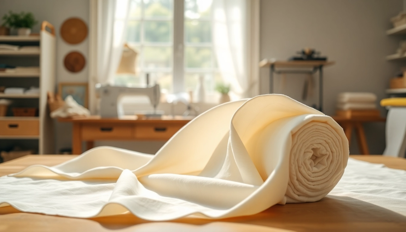 Ongebleekt katoen op een houten tafel in een naaiatelier, met een natuurlijke uitstraling.