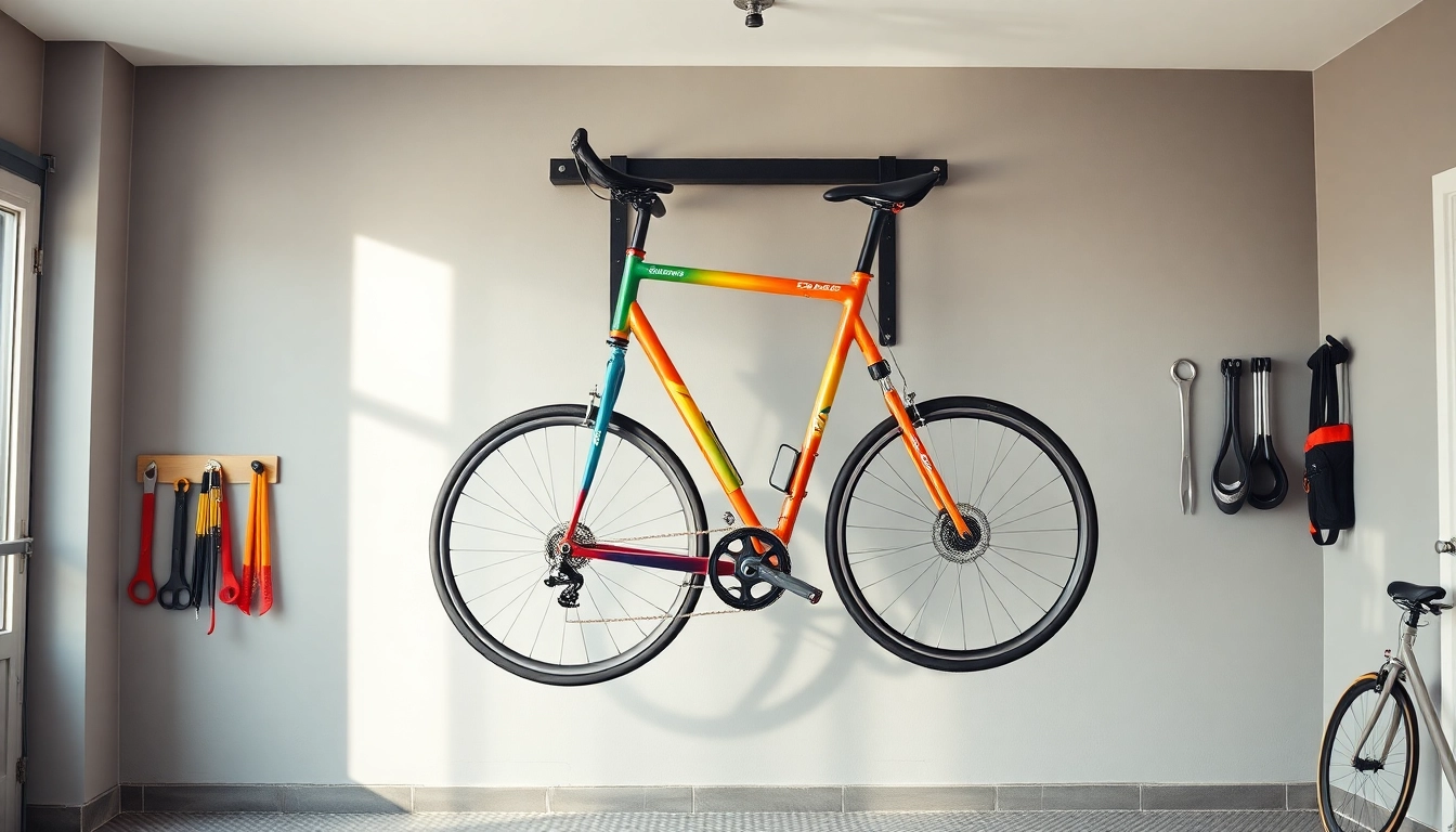 Organized bike wall rack showcasing two bicycles in a modern garage for efficient storage