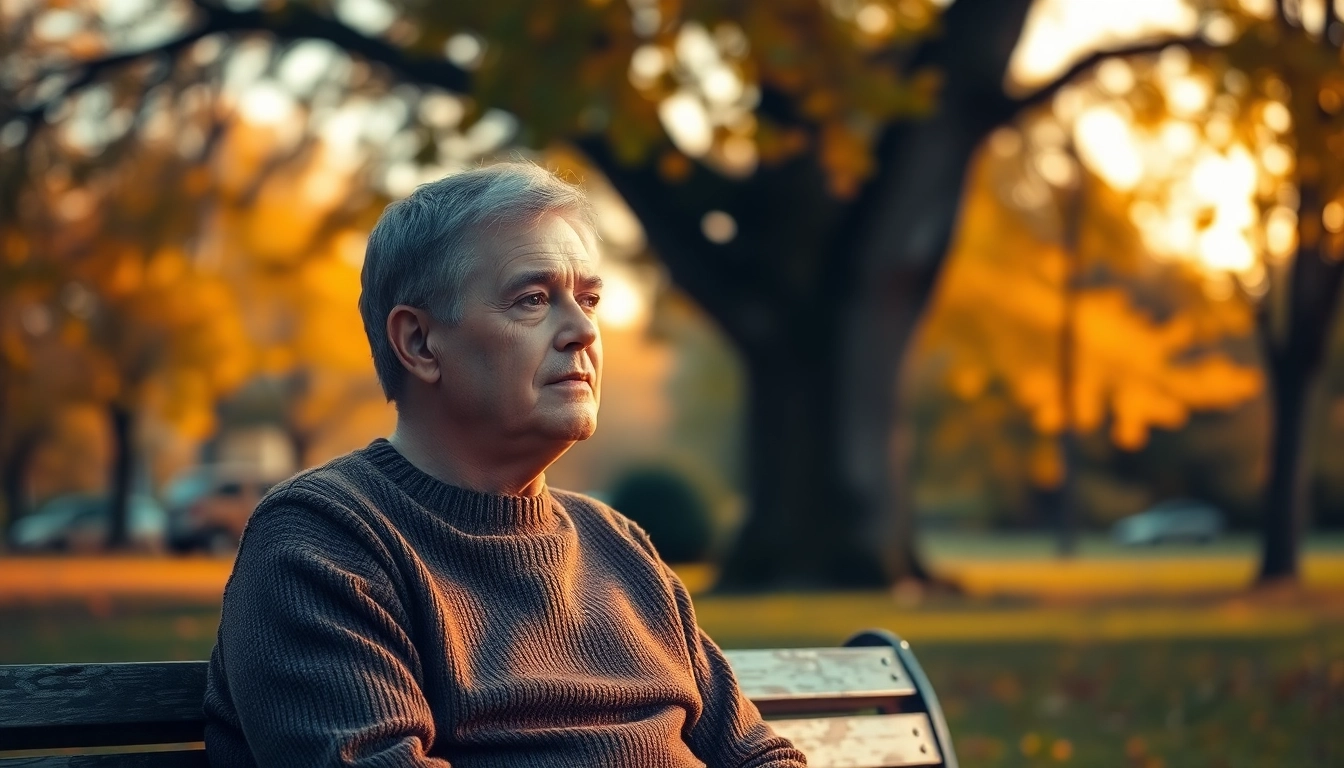 A person reflecting while dealing with grief, seated on a park bench under warm sunset light.