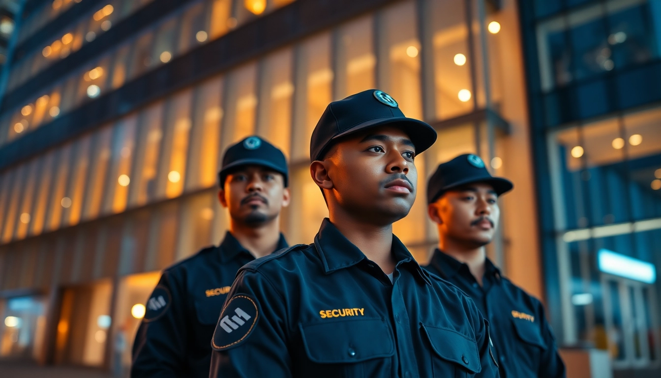Security Guards Coventry standing vigilant in an urban setting at dusk, ensuring safety and protection.