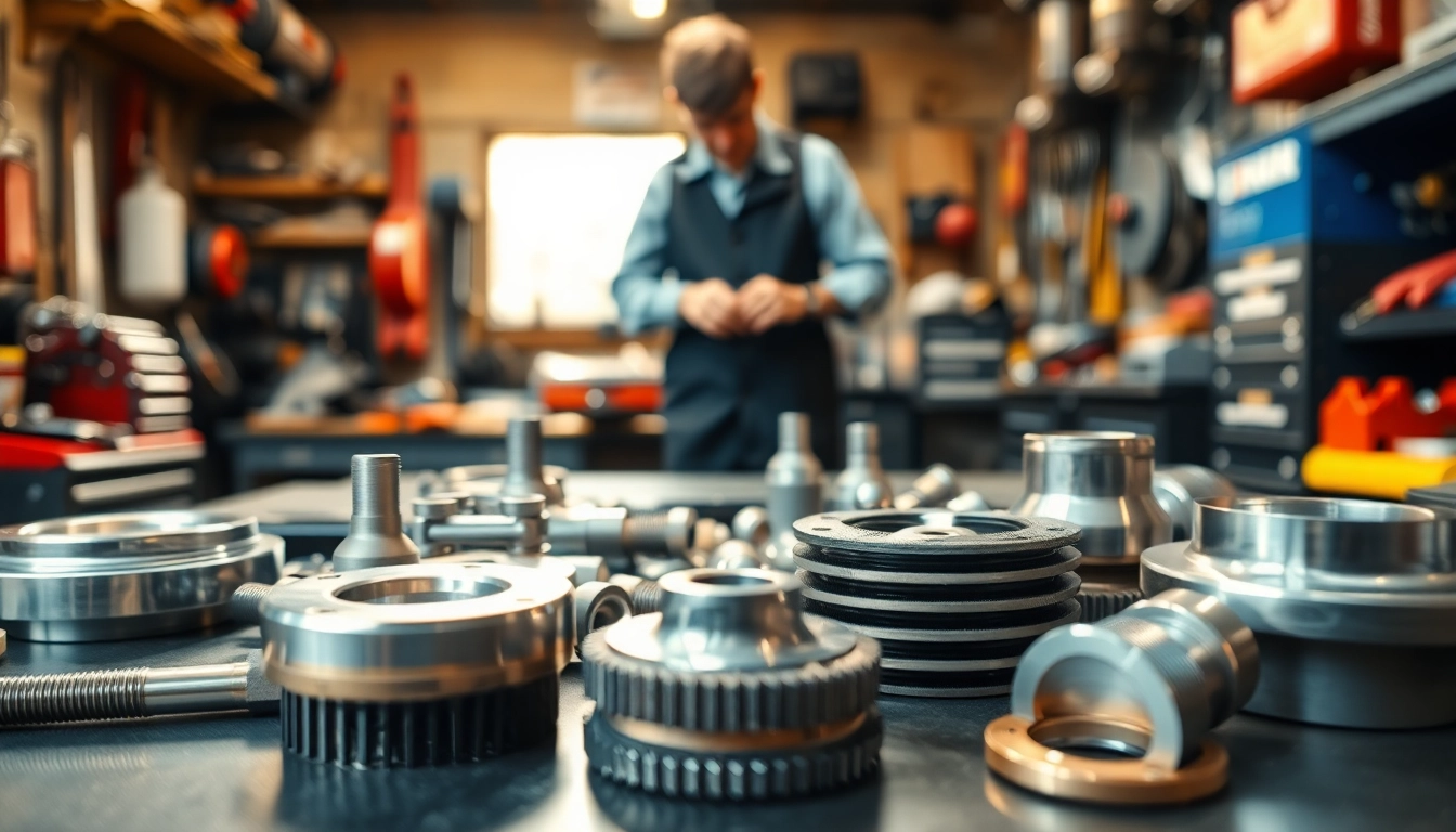 Showcase of Jerr Dan Parts on a workshop bench with a mechanic in action.
