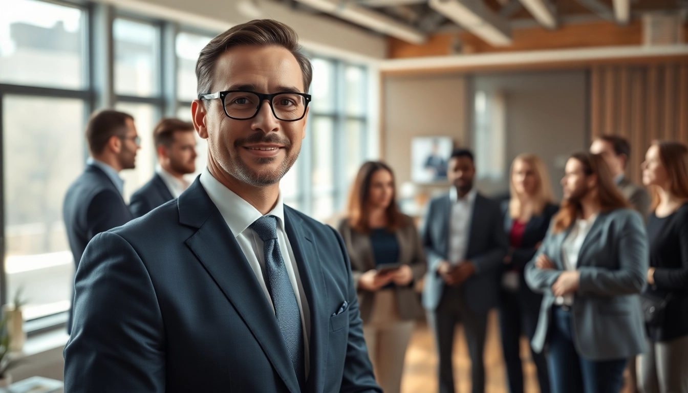 Business professional discussing strategy in a modern office setting emphasizing teamwork.
