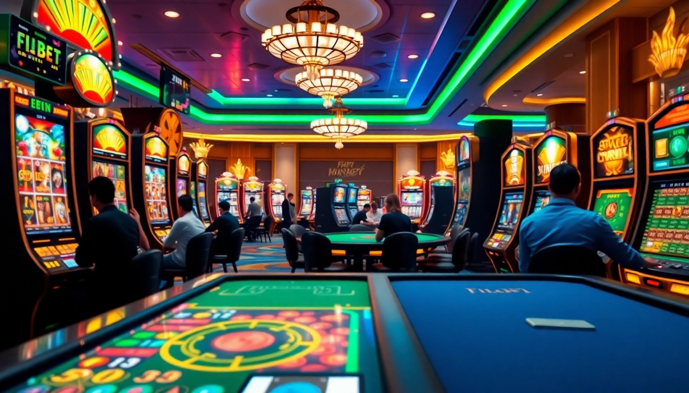 Engaged players enjoying various games at a vibrant filbet casino filled with stunning graphics.
