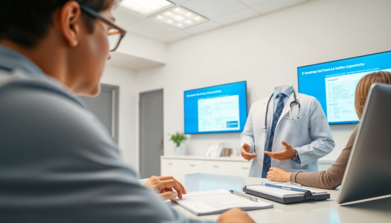 Choose the right e-prescription app in a modern clinic setting showcasing a doctor and patient.