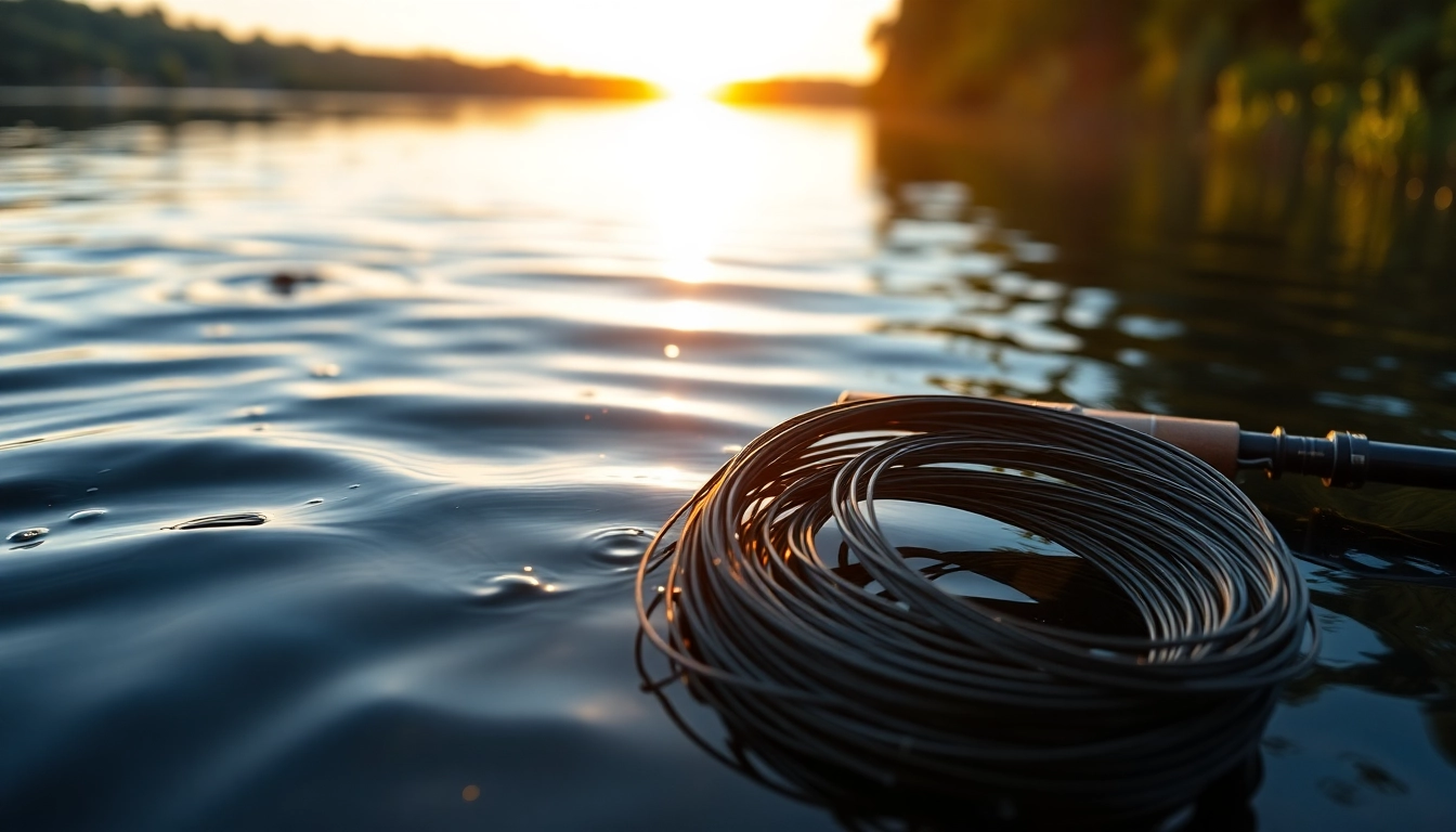 Showcasing a fly fishing line elegantly positioned over a picturesque lake at sunset.