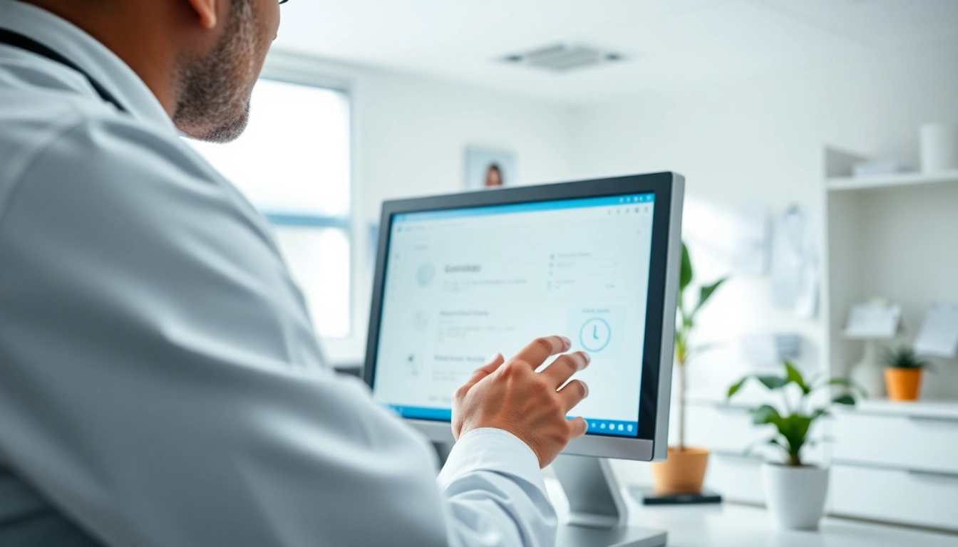 Healthcare provider using eprescribing software on a computer in a modern medical office.