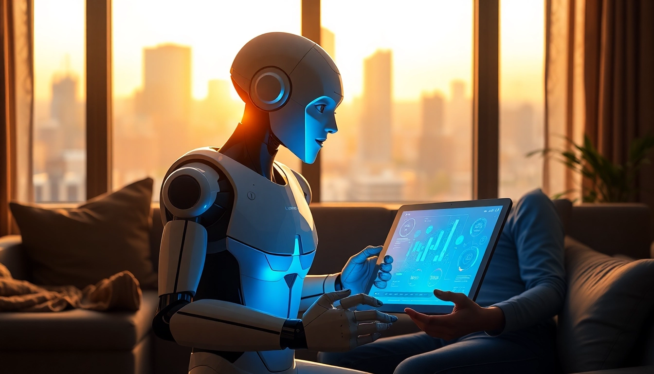 AI companion unlimited engaging with a user in a modern living room, highlighting human-technology interaction.